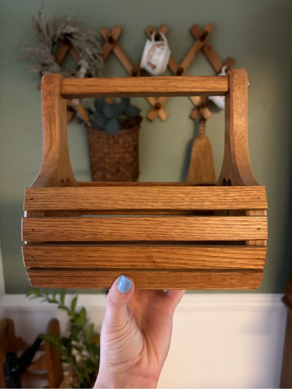 Wooden Slatted Handled Caddy - Light Brown with Heart Accents